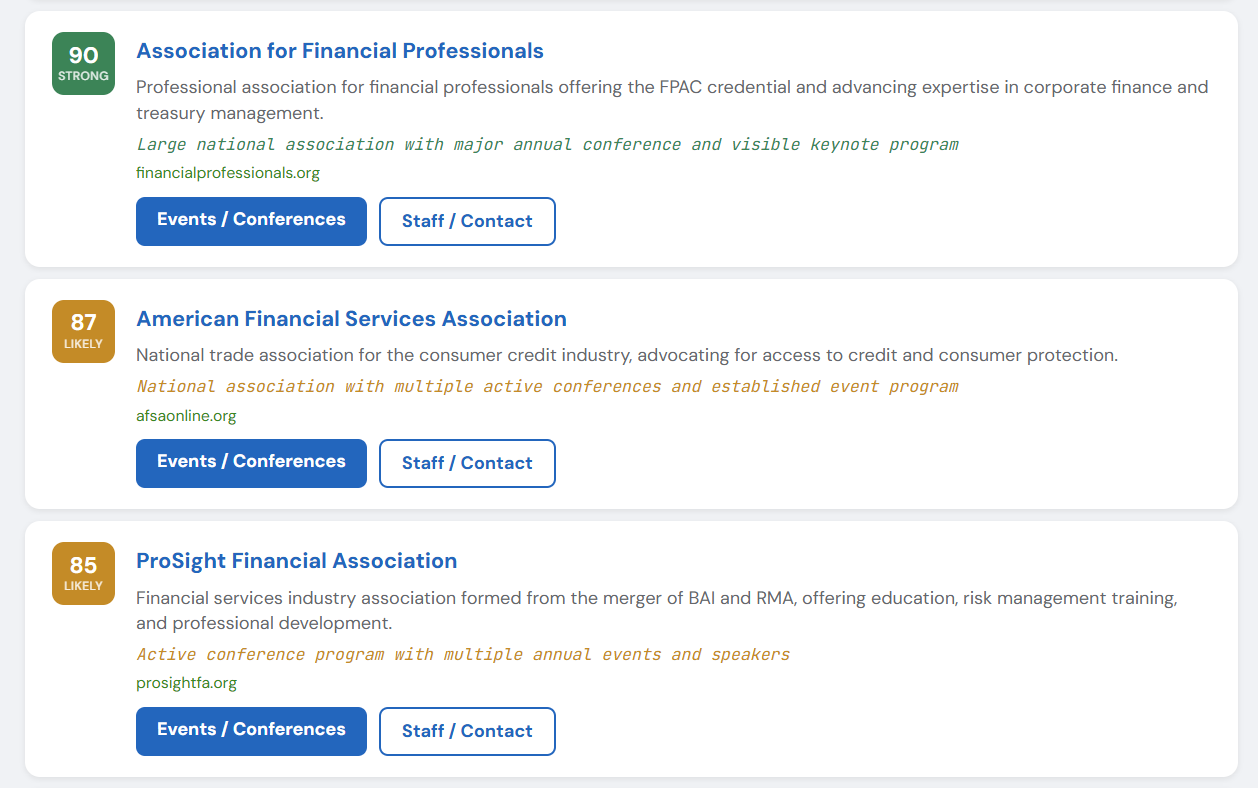 Association Search results with relevance scores and one-click links to events and staff pages