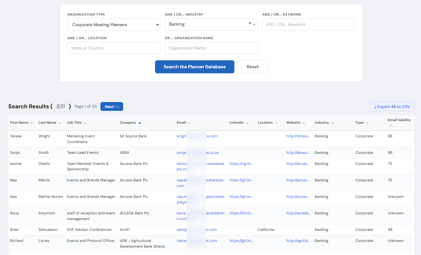 Diamond Decision-Maker Database results with names, titles, organizations, and email addresses