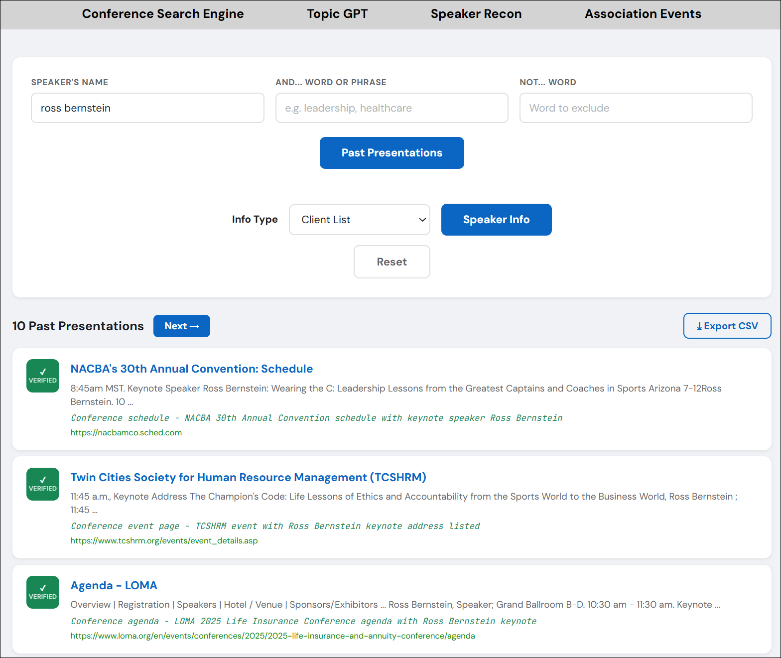 Speaker Recon results showing verified past presentations for a working professional speaker